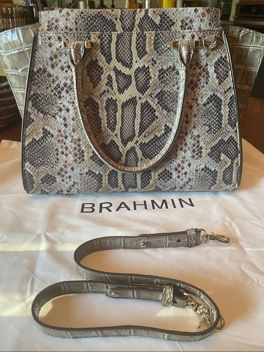 Brahmin Taupe and Brown Snake-Embossed Leather Satchel with Removable Strap - Picture 2 of 7